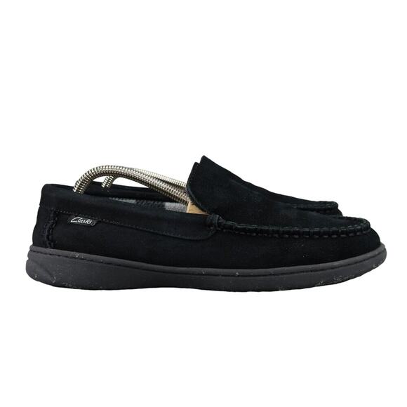 Clarks Shoes Mens 9 Slippers Suede Moccasin Slip On Indoor Outdoor Comfort Black - Picture 2 of 12